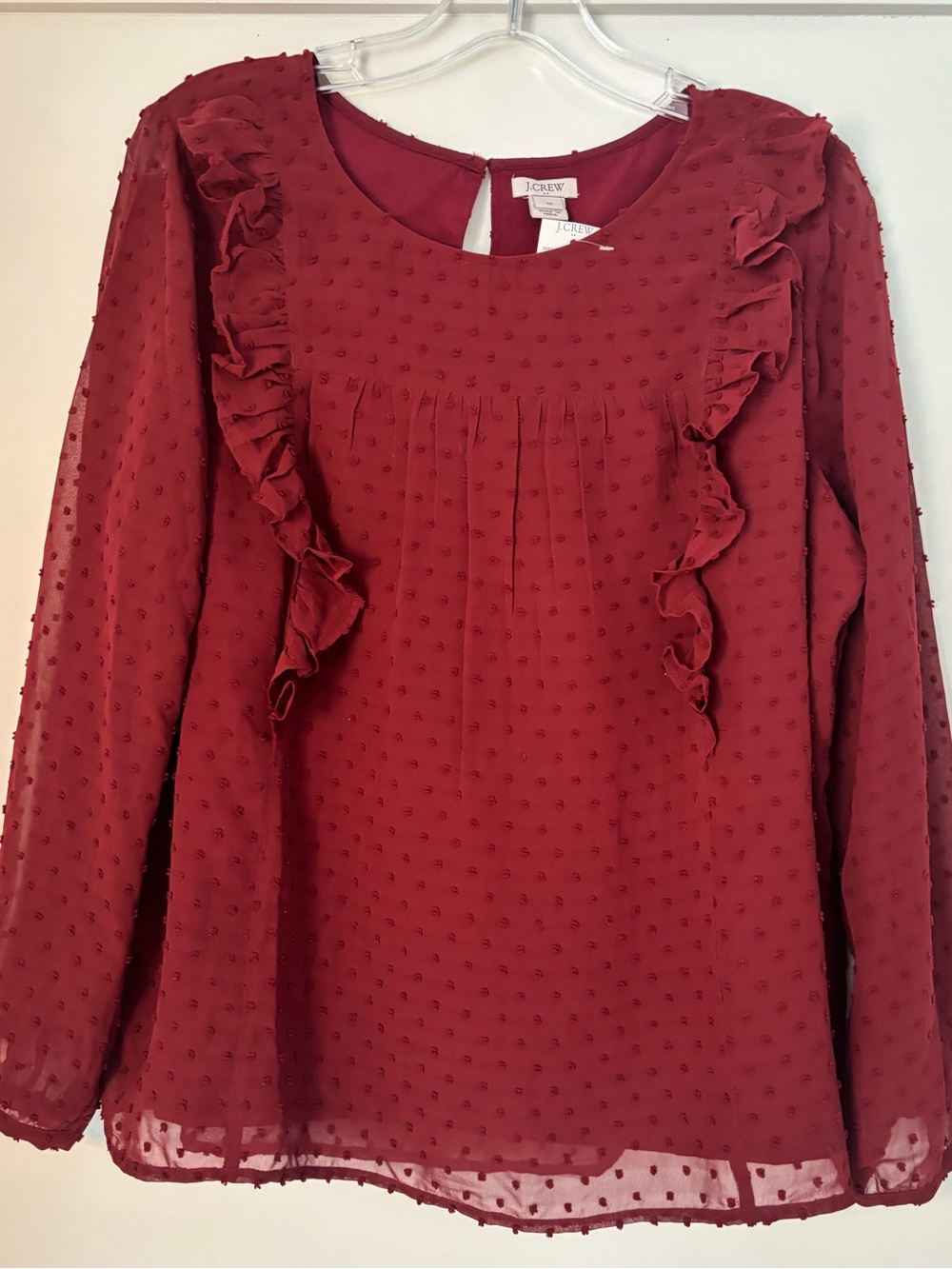 J. Crew Burgundy Swiss Dot Ruffle Blouse size 12 new with tags